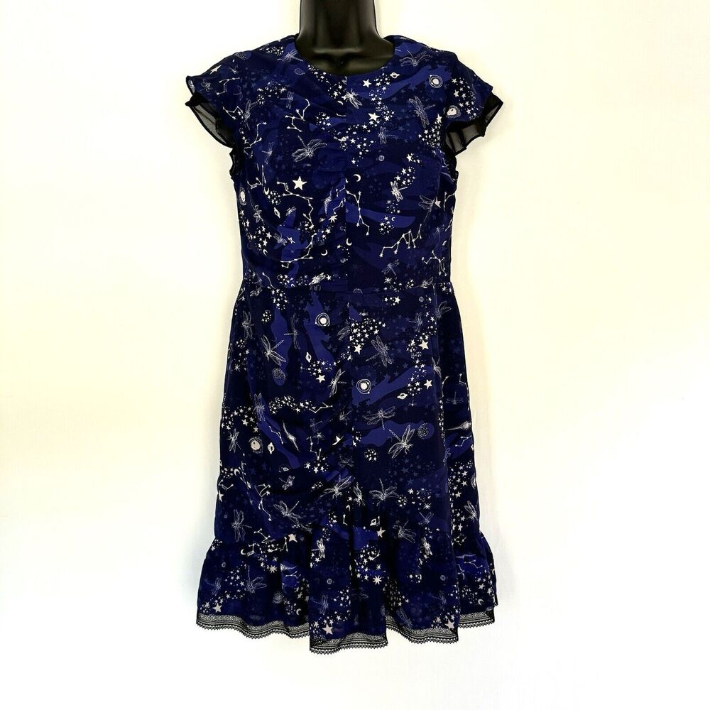 Three Floor Dress Women 8 Blue Afterglow Celestial Star Print Dragonfly Ruched